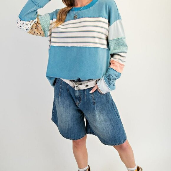 NWT Easel Stripe Mix Terry Soft Washed Pullover – Faded Teal - Picture 5 of 7